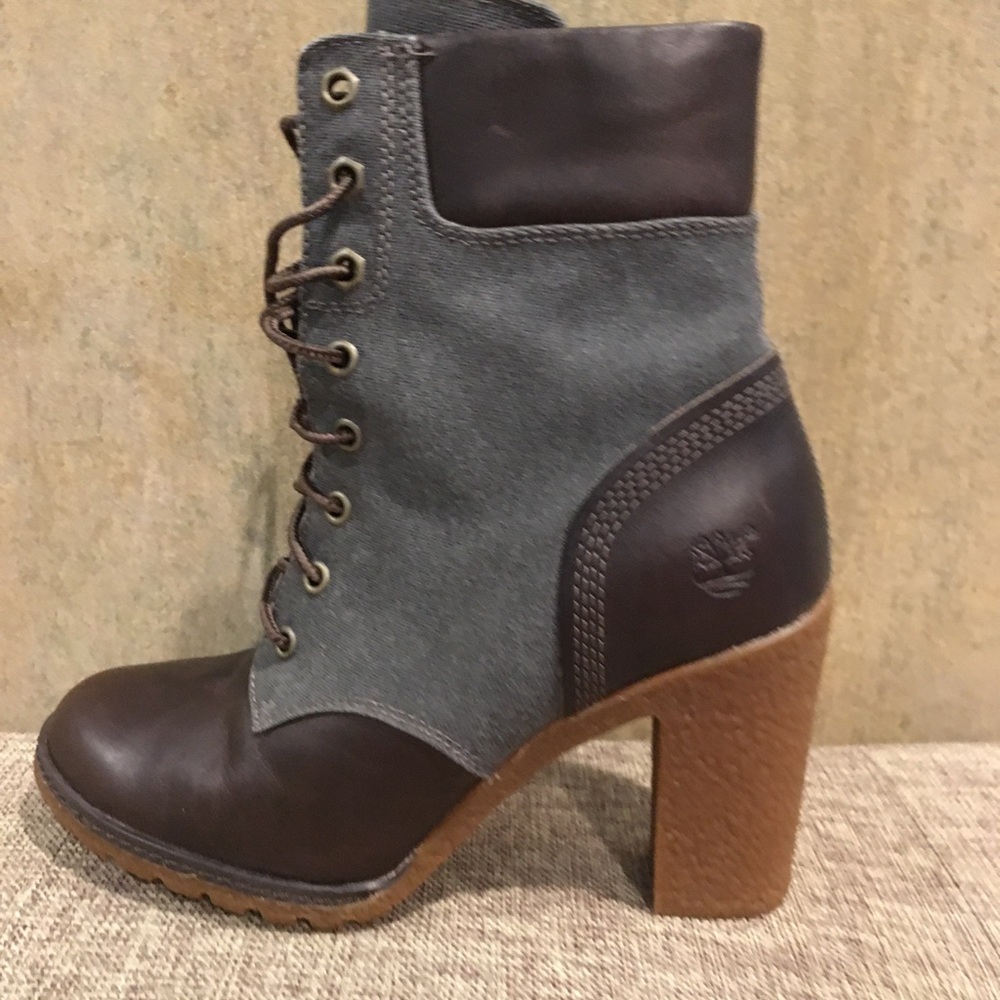 Timberland Brown and Gray Heeled Boots with Chunky Heel